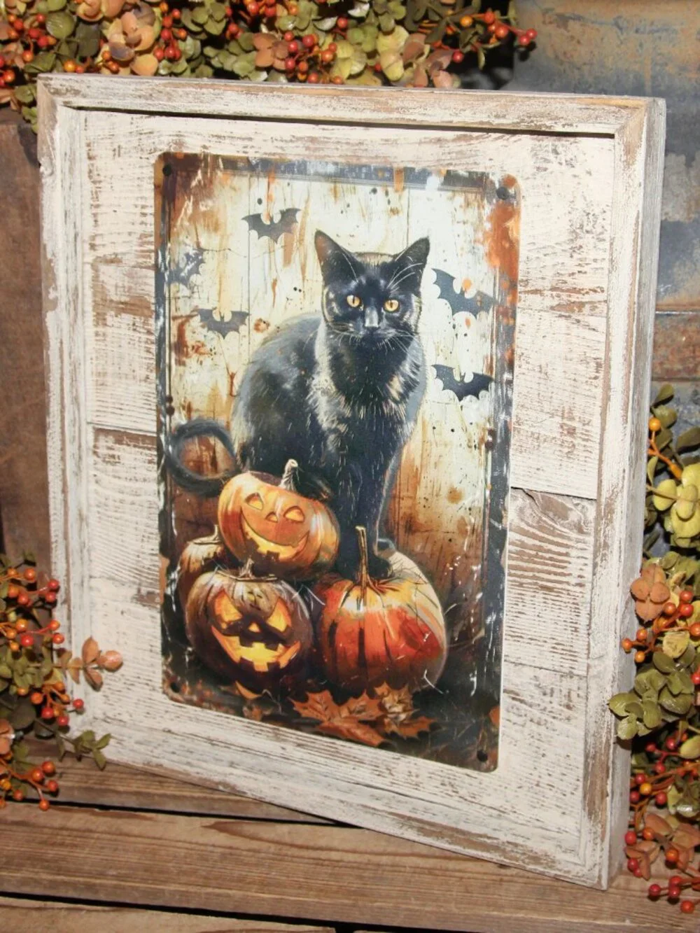 NEW Black Cat on Jack-O-Lantern with Bats Rustic Farmhouse Halloween Wall Decor